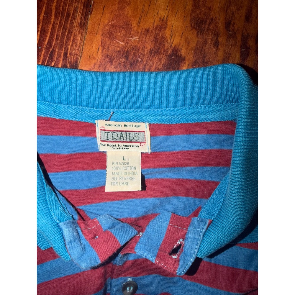 American Heritage Trails Polo Shirt Mens L Red Teal Striped Vintage 90s Cotton - Picture 4 of 4